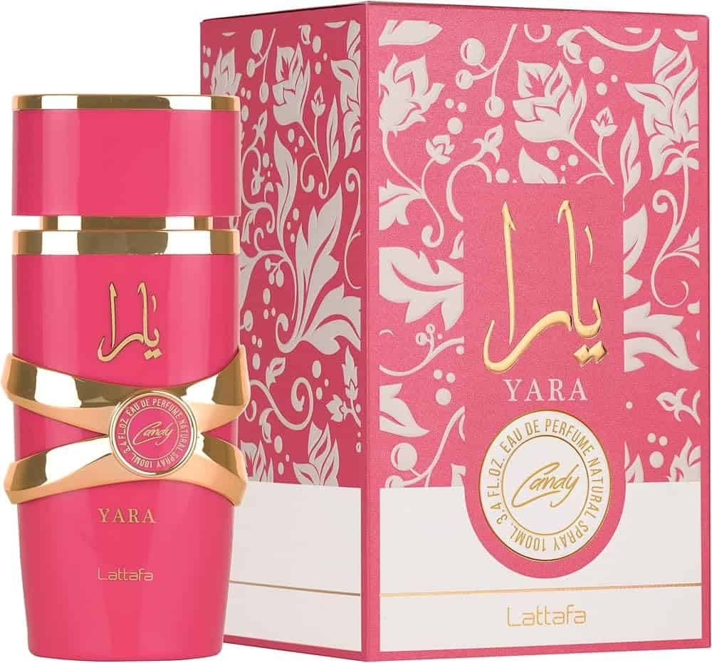 Yara Candy by Lattafa Eau de Parfum, 100ml, showcased with its vibrant pink and gold bottle alongside a matching floral-patterned box.