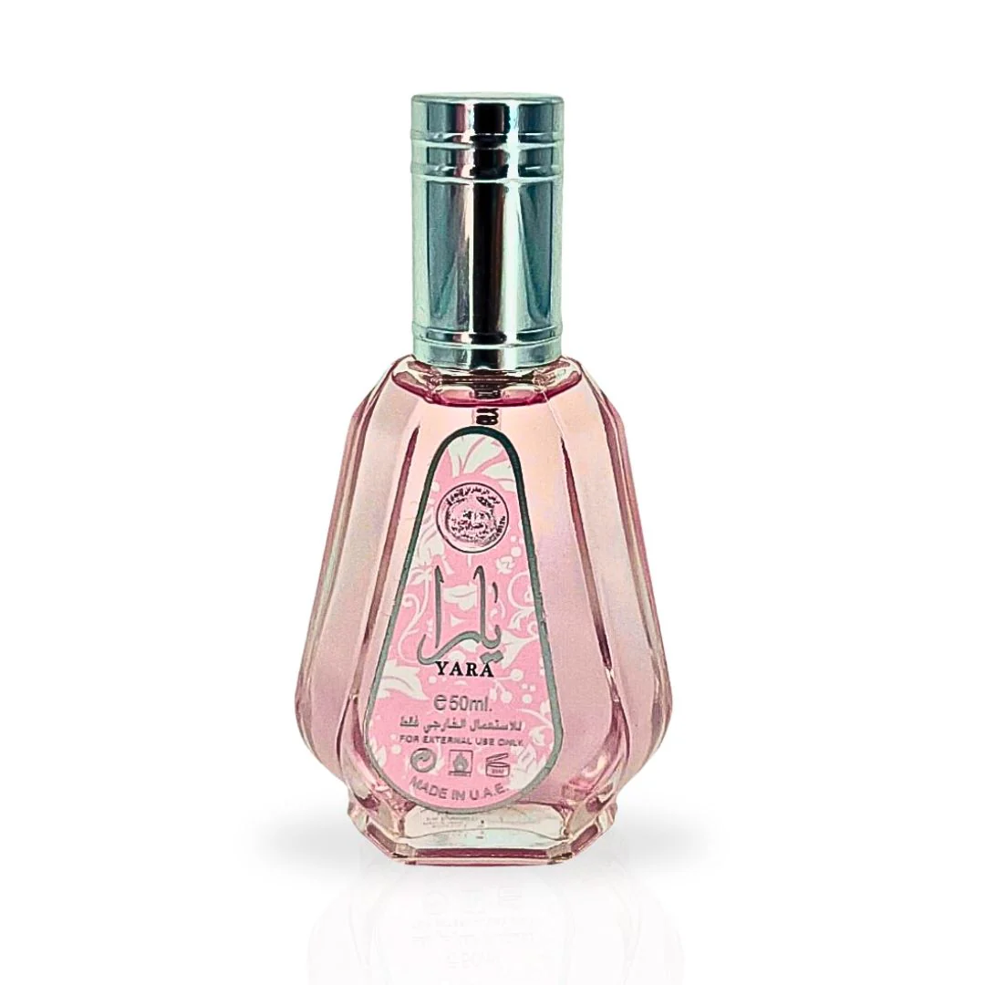 Yara Eau de Parfum by Ard Al Zaafaran, 50ml bottle showcasing a luxurious pink floral design and silver cap.