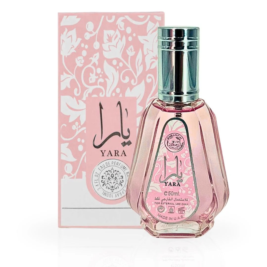 Yara Eau de Parfum by Ard Al Zaafaran, 50ml bottle with a stunning pink design, displayed alongside its elegant floral-themed box.