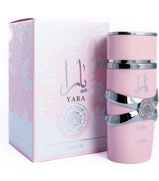 Yara for Women Eau de Parfum 100ML by Lattafa, featuring an elegant pink bottle with silver accents, displayed next to its matching floral-patterned box.