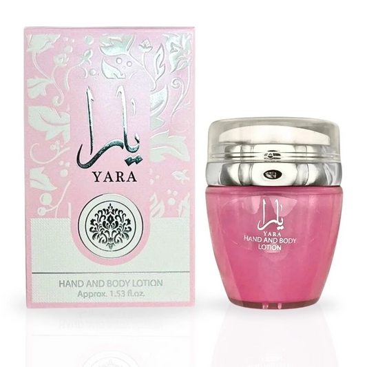 Yara Hand & Body Lotion 45ML by Ard Al Zaafaran, a vibrant pink bottle paired with a matching floral-designed box for a luxurious skincare experience.