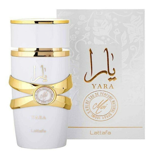 Yara Moi by Lattafa Eau de Parfum 100ML bottle in an elegant white and gold design, displayed alongside its matching luxurious box with floral accents.