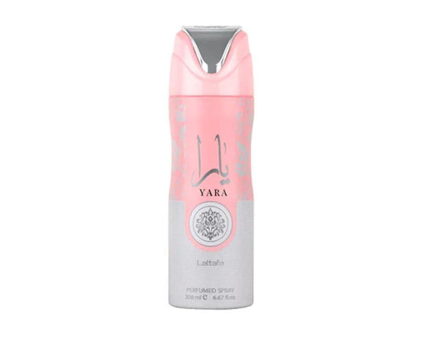 Lattafa Yara Perfumed Deo Spray for unisex use, featuring a sleek pink and silver design, 6.7-ounce bottle of luxurious long-lasting fragrance.