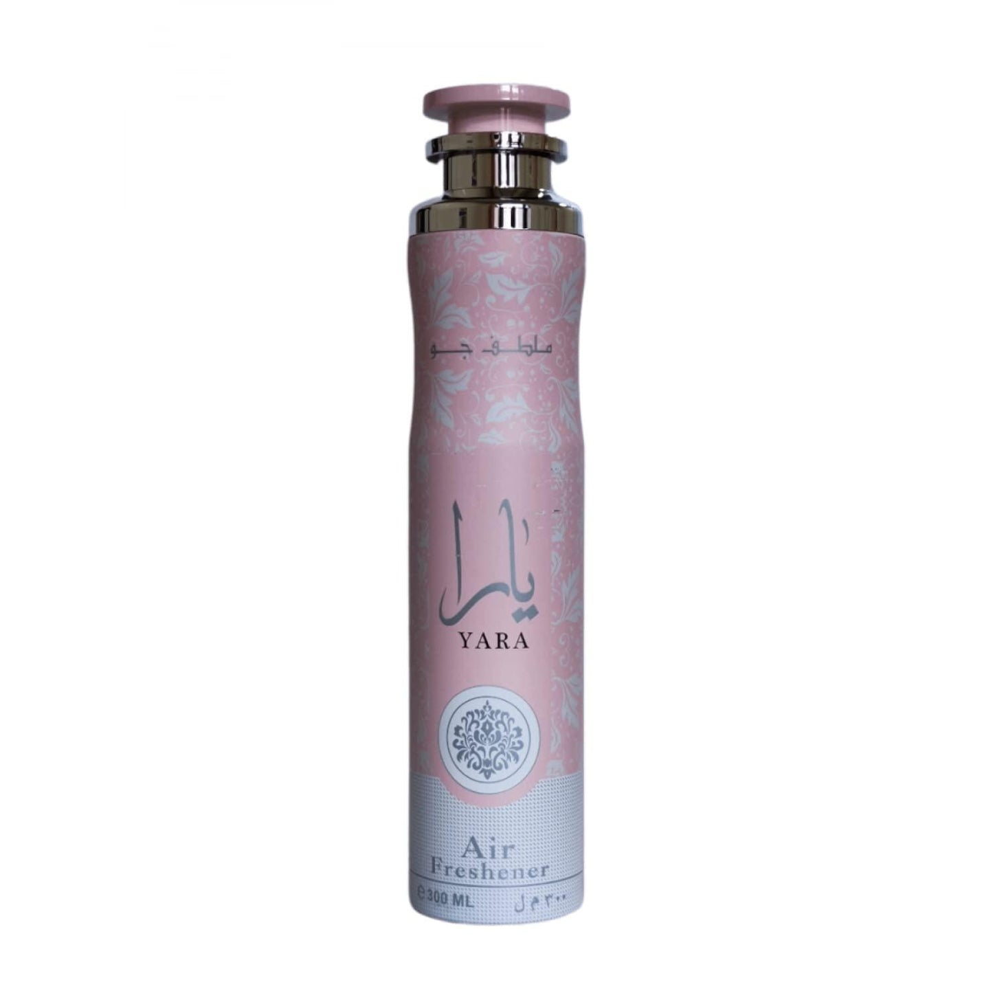Yara Pink by Lattafa air freshener in an elegant pink and silver bottle, 300ml, showcasing luxurious design and premium quality fragrance.