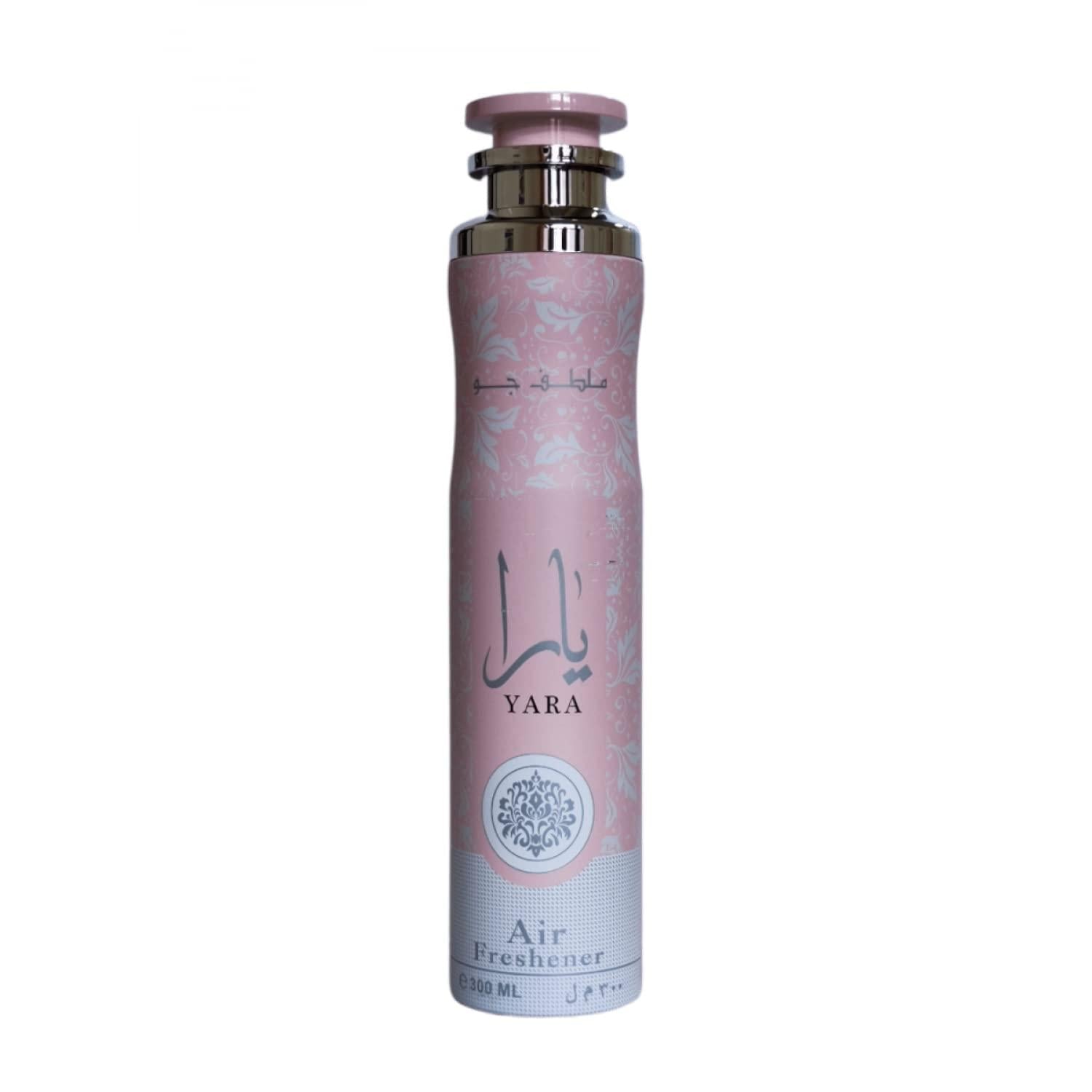 Yara Pink by Lattafa air freshener in an elegant pink and silver bottle, 300ml, showcasing luxurious design and premium quality fragrance.