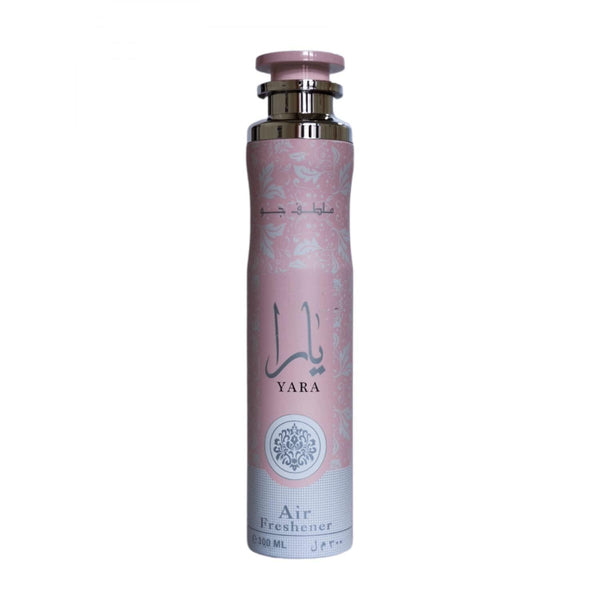 Yara Pink by Lattafa air freshener in an elegant pink and silver bottle, 300ml, showcasing luxurious design and premium quality fragrance.