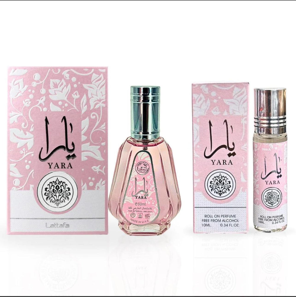 Yara Perfume 50ML and Yara Roll-On 10ML with elegant pink and silver packaging, perfect for gifting.