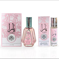 Yara Perfume 50ML and Yara Roll-On 10ML with elegant pink and silver packaging, perfect for gifting.