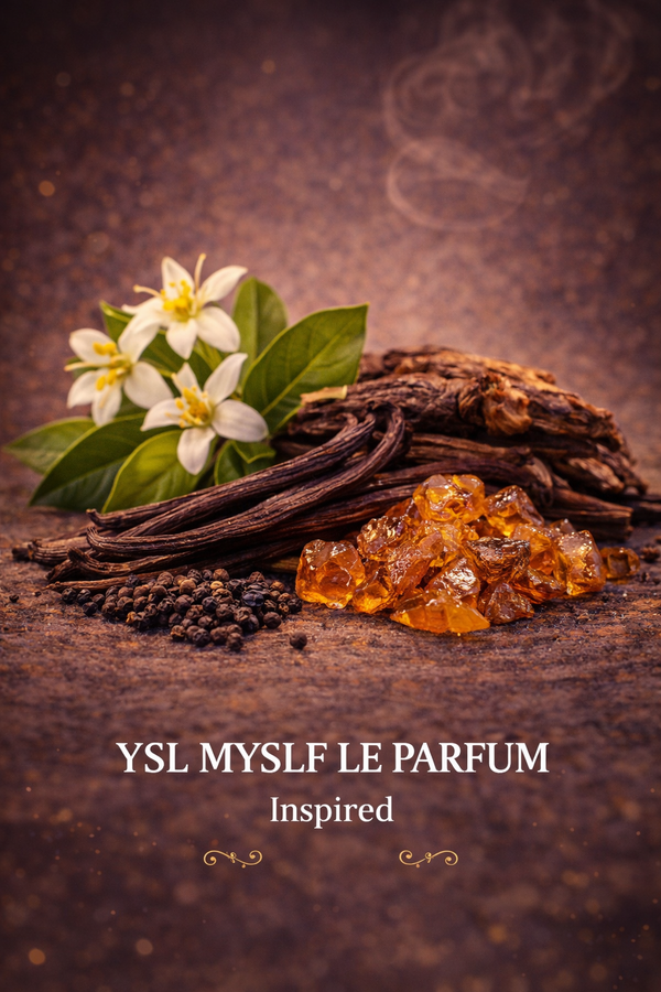 Notes-inspired fragrance image for YSL MYSLF Le Parfum inspired fragrance oil featuring aromatic woody scent concept with luxury ingredient background for HA Fragrances.