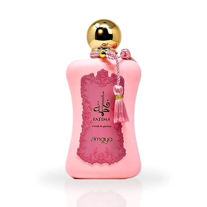 ZIMAYA Fatima Pink Extrait De Parfum bottle with an elegant pink design and gold accents, showcasing its luxurious appearance.