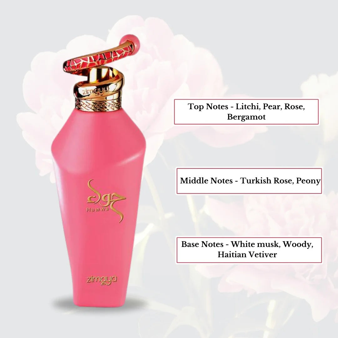 Hawwa Pink by Zimaya – Fragrance Notes with Litchi, Pear, Rose, Turkish Rose, Peony, and White Musk