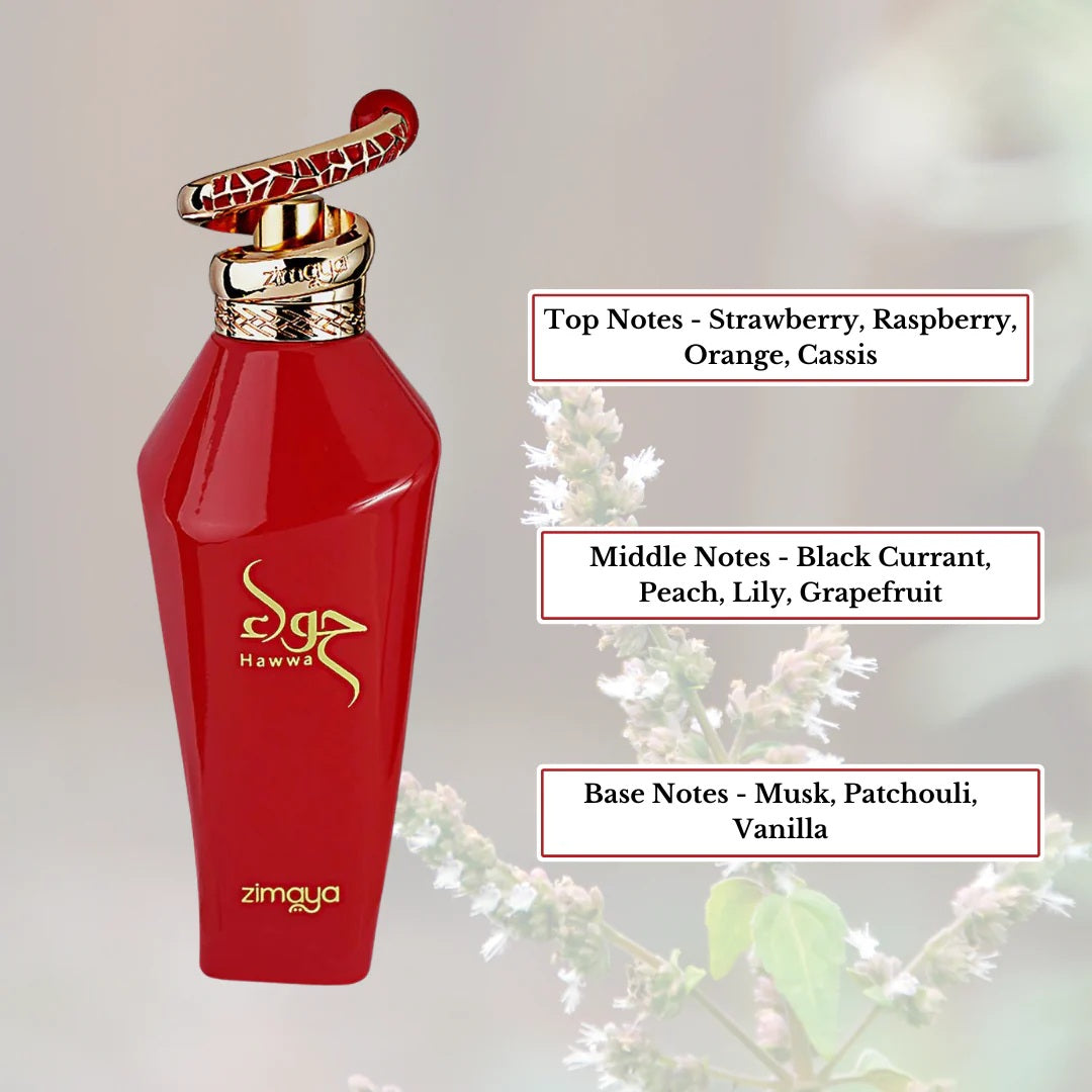 Hawwa Red by Zimaya – Fragrance Notes with Strawberry, Raspberry, Black Currant, Peach, and Musk