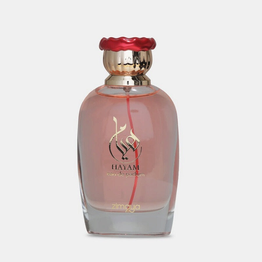 Zimaya Hayam Eau de Parfum 3.4 oz – A luxurious floral fragrance for women, presented in an elegant pink bottle with gold detailing and a beautifully designed box.