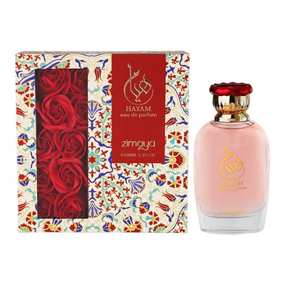 Zimaya Hayam EDP 3.4 oz – A sophisticated feminine fragrance with floral, citrus, and musky notes, encased in a stunning pink and gold bottle.