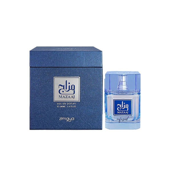 Zimaya Mazaaj Infused Eau de Parfum 3.4 oz – A luxurious woody aromatic men's fragrance, elegantly presented in a sleek blue bottle with a matching premium box.