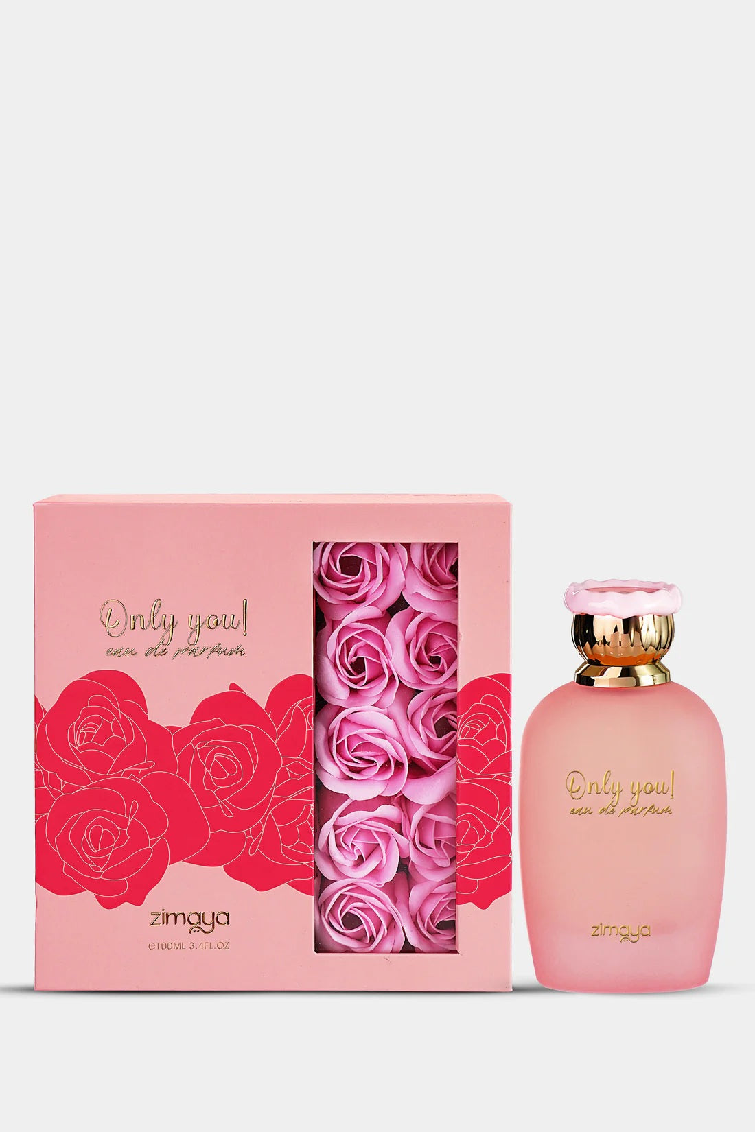 Zimaya Only You EDP 100mL – A feminine and elegant perfume with citrus, floral, and musky notes, encased in a delicate pink and gold bottle.